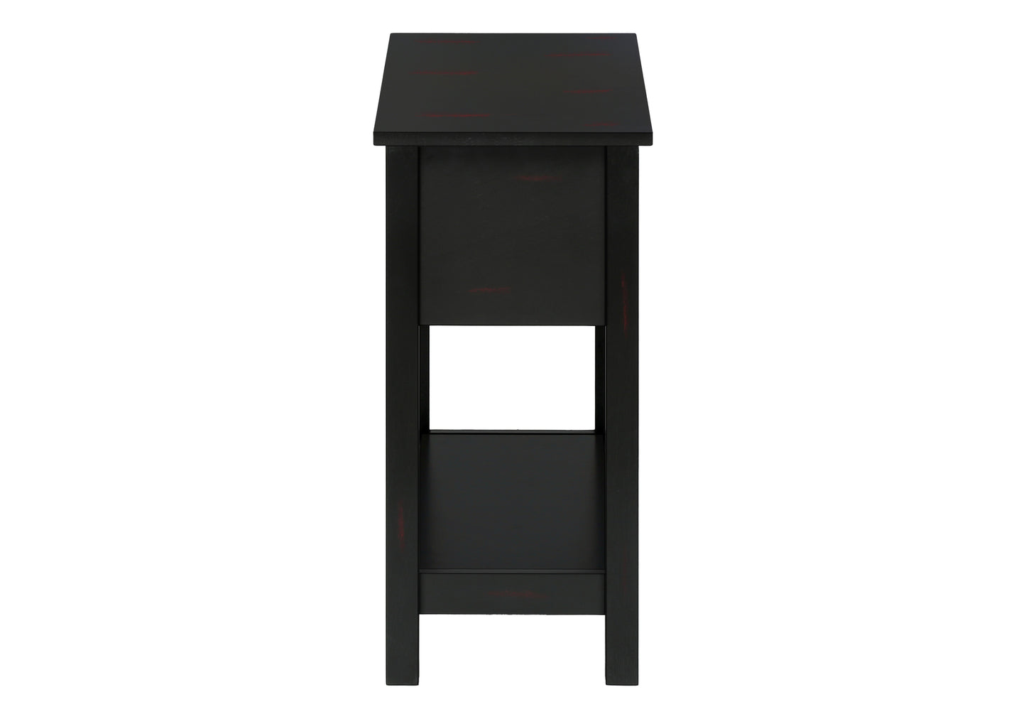Narrow black console table with distressed red accents and open shelf