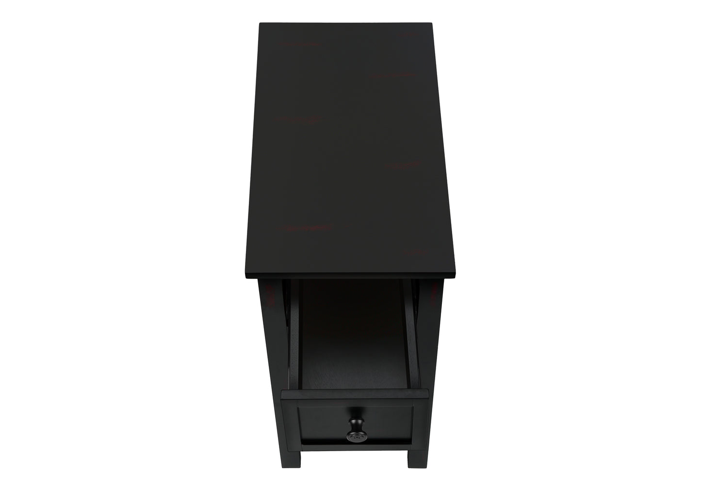 Black wooden accent table with one drawer and knob top view
