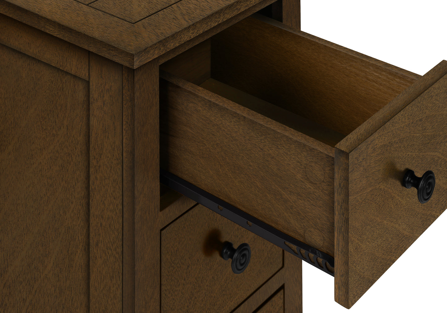 Dark wood dresser with one drawer partially open revealing internal space and metal runners
