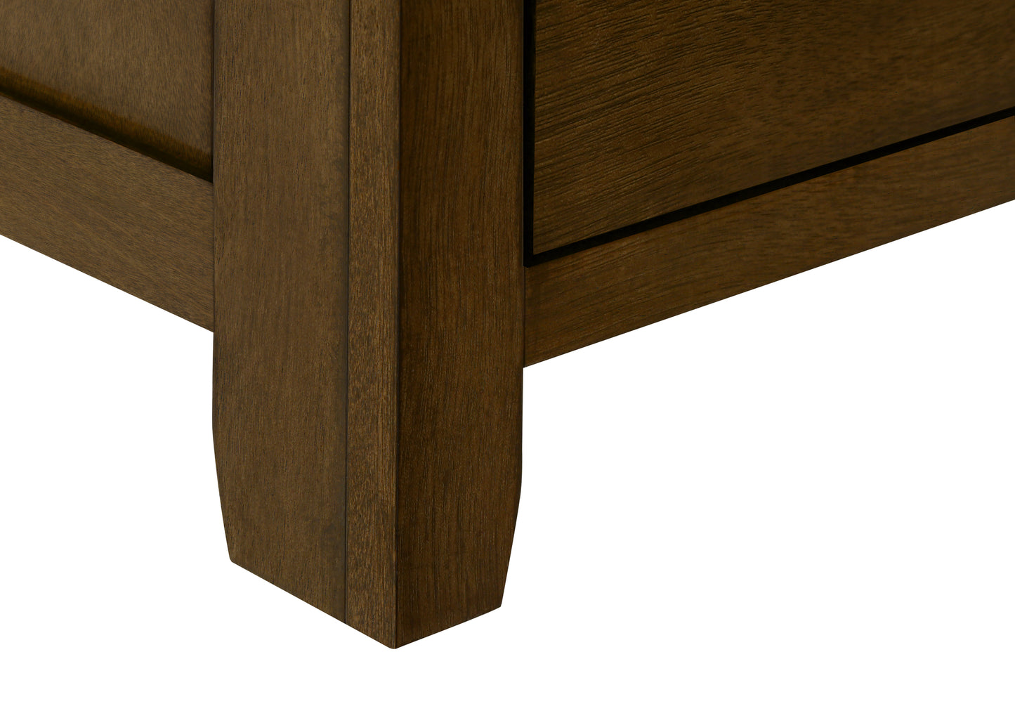 Dark oak wood bed frame corner detail with subtle grain texture