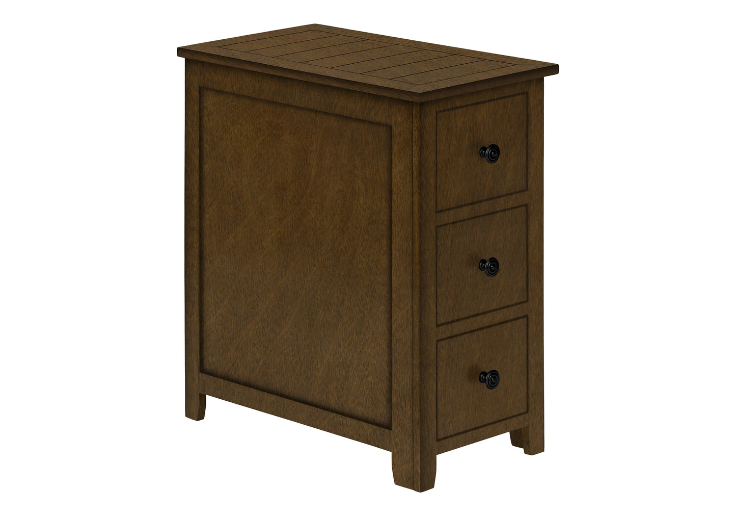 Dark brown wooden end table with three drawers and black knobs