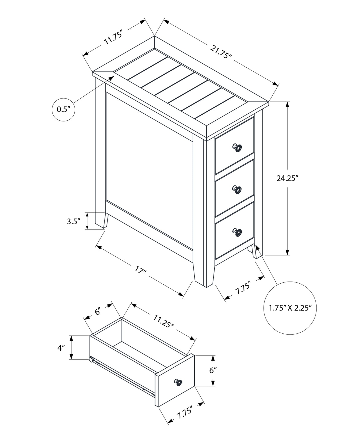 Diagram of a drawer end table H x W x D with knob details