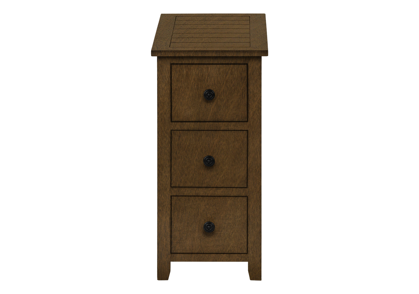Dark brown wooden narrow bedside table with three drawers and black knobs