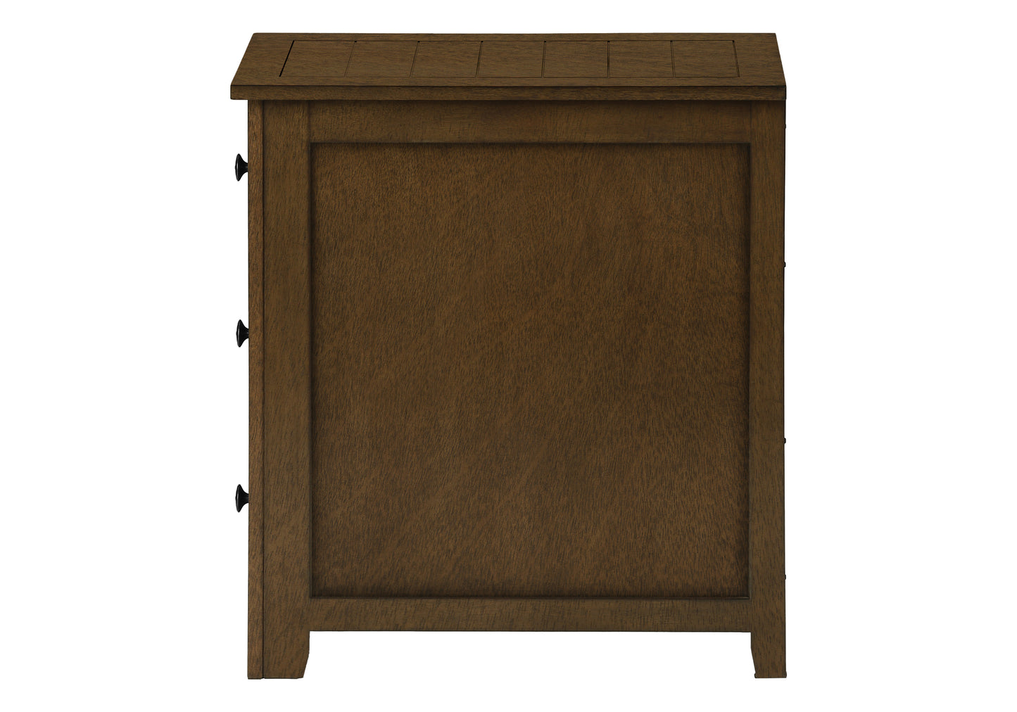 Dark brown wooden dresser with three visible black knobs on its side