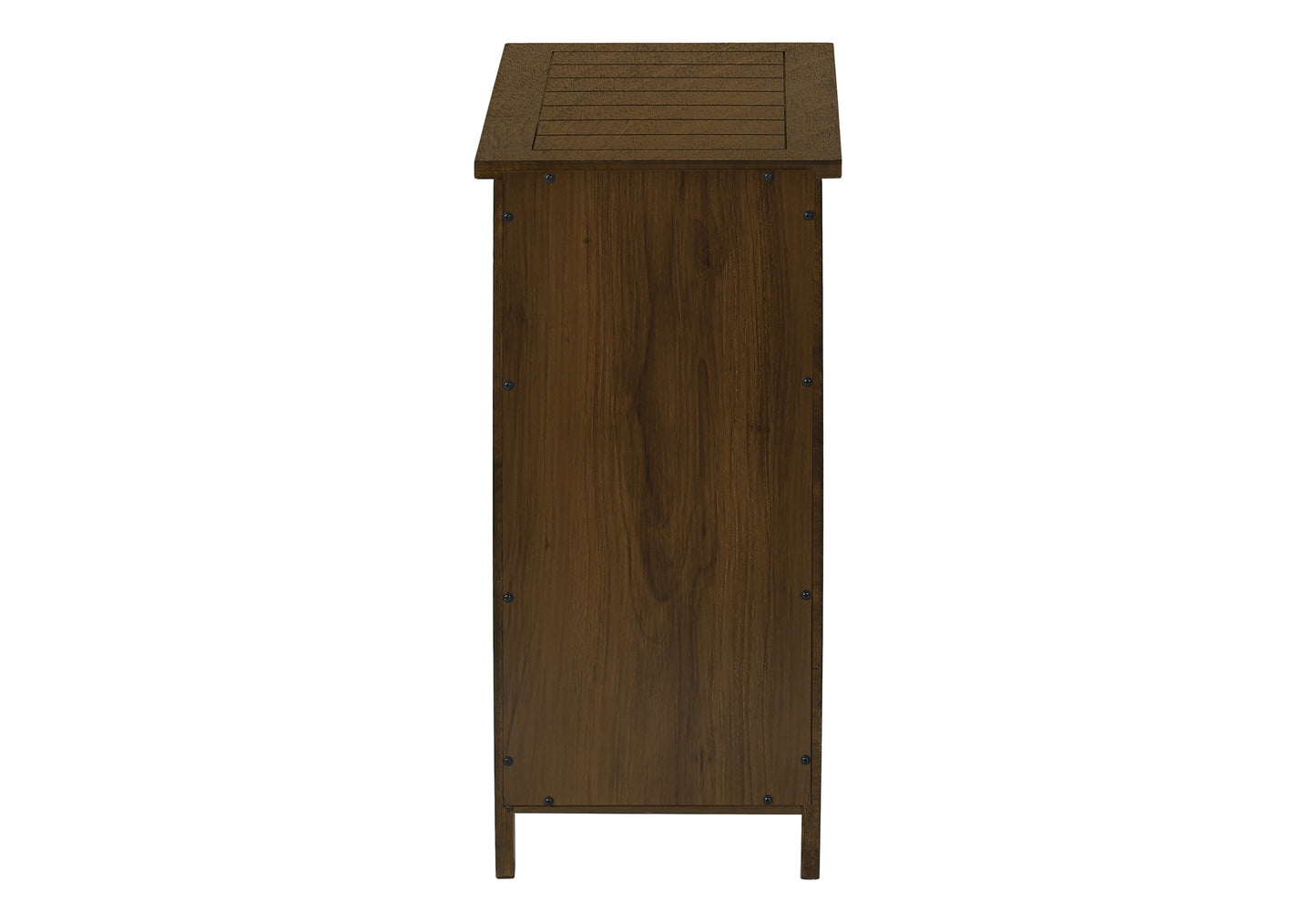 Dark wood trash can with slatted lid and metal accents ideal for patio use