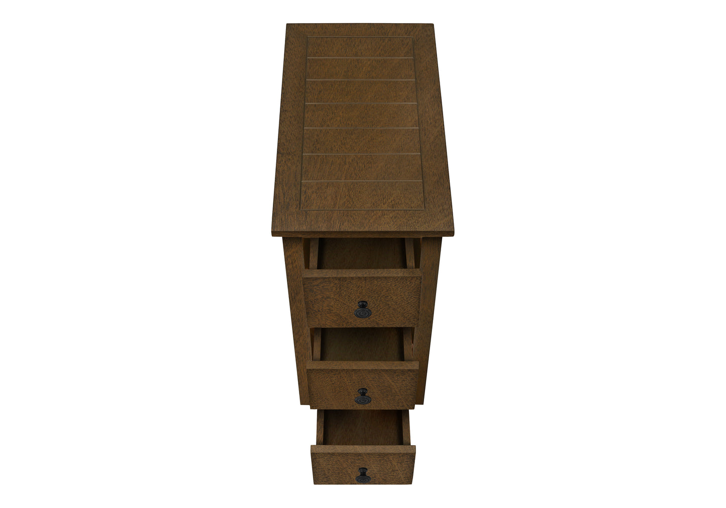 Tall narrow wooden side table with three drawers and dark knobs