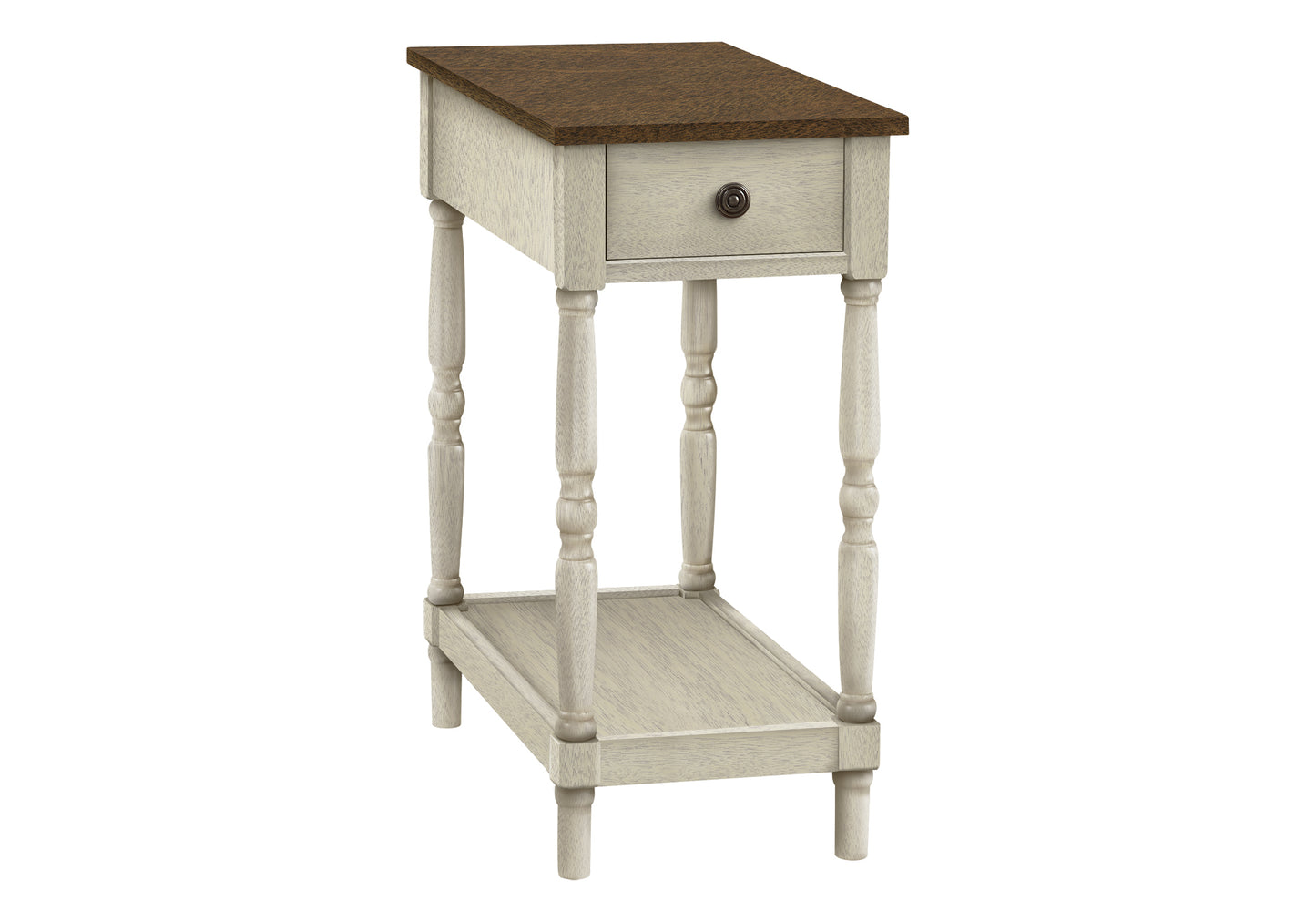 Rustic offwhite end table with a single drawer and a distressed wood top