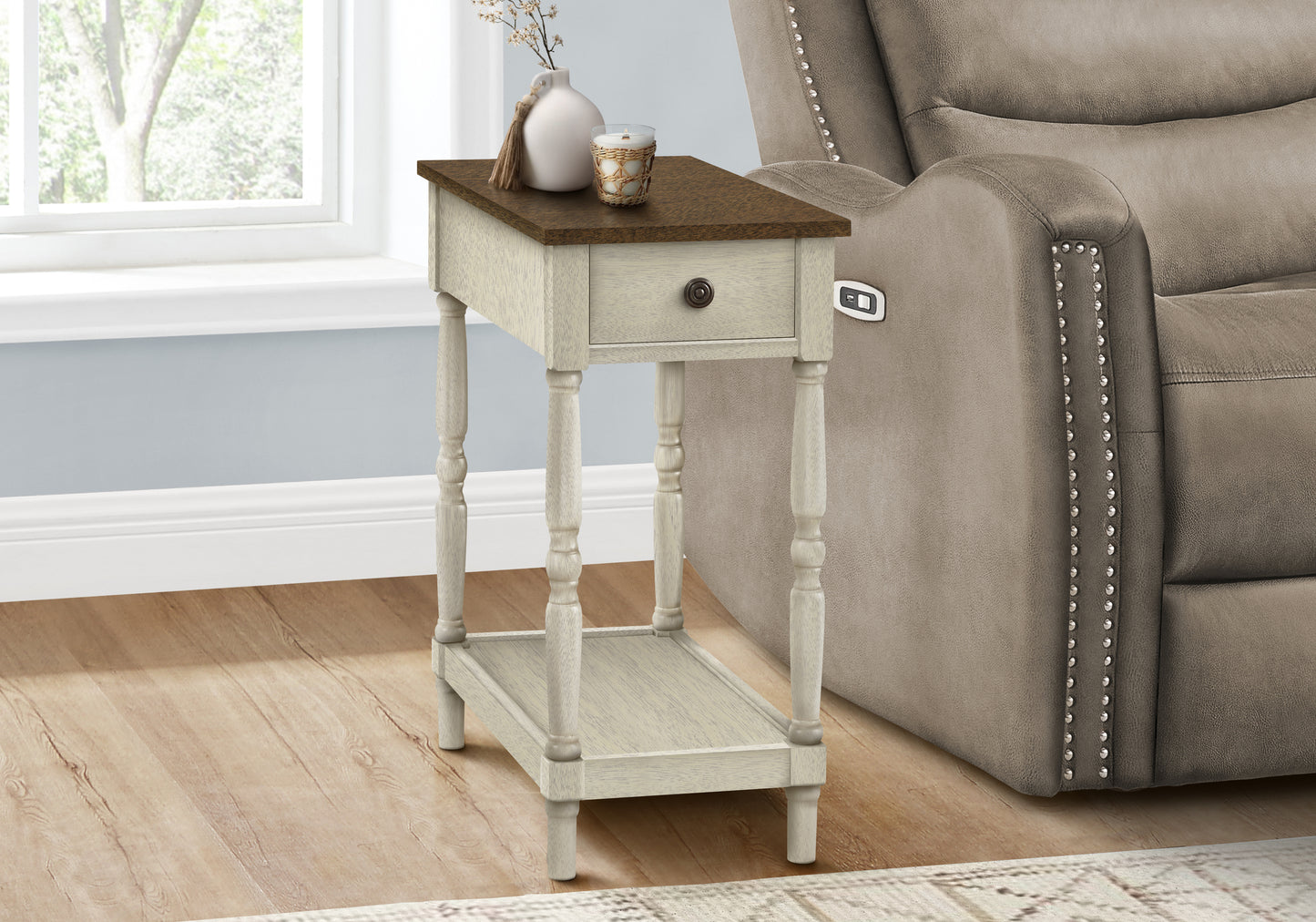 Farmhouse end table with cream distressed finish single drawer and dark wood top
