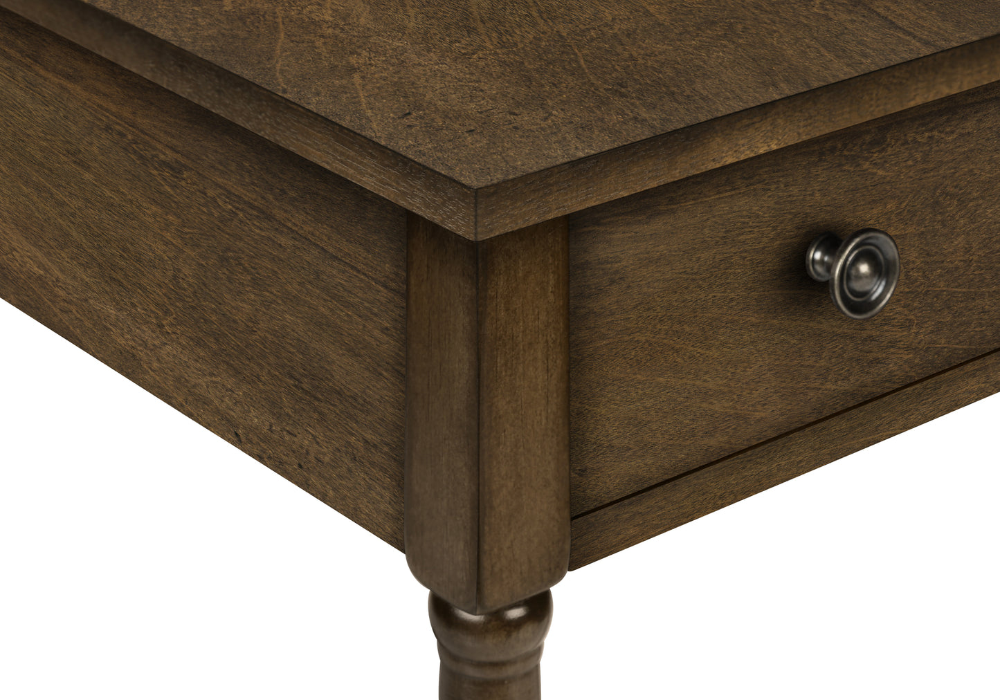 Dark wood end table with single drawer and ornate knob