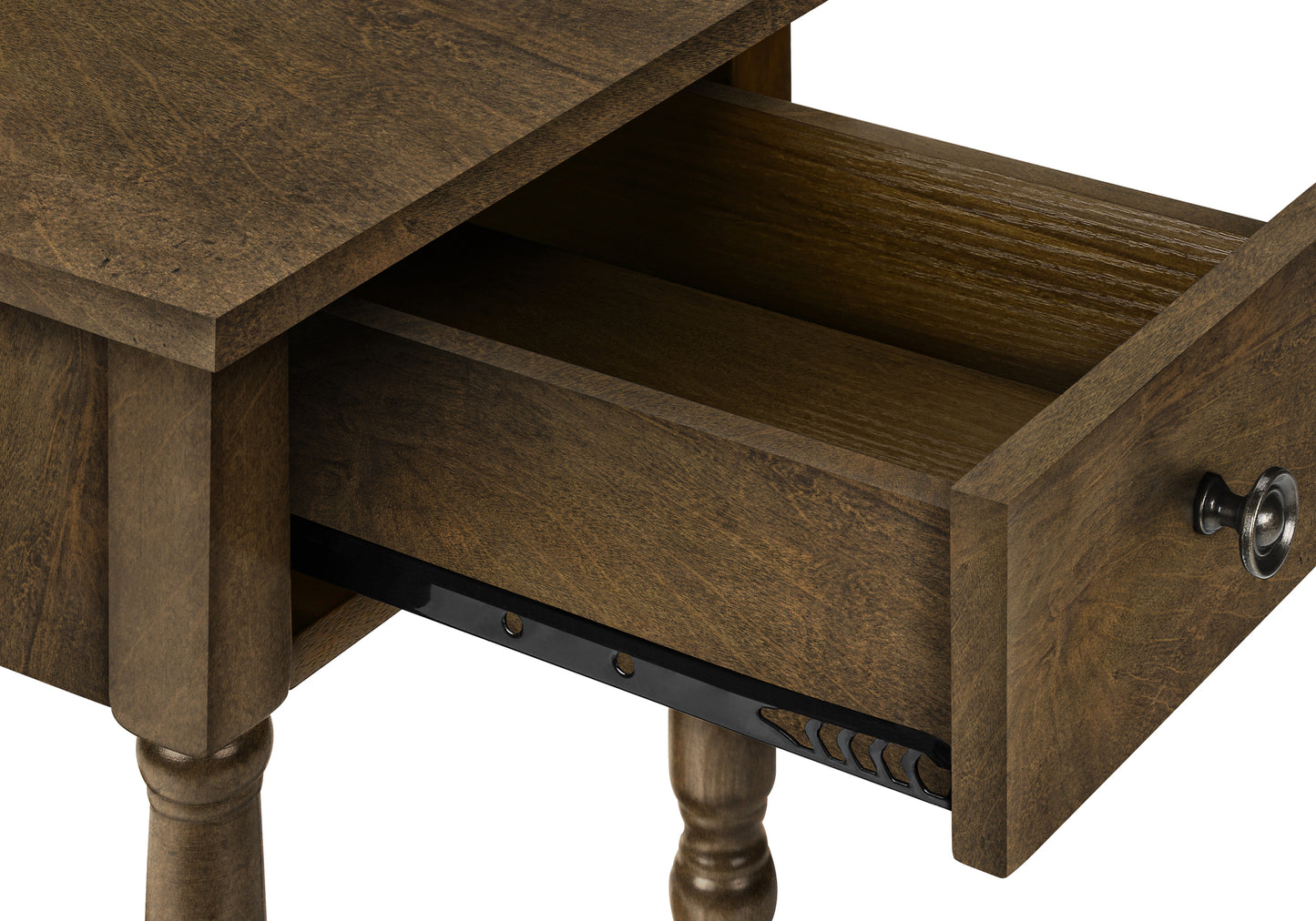 Dark oak finish side table with a partially open drawer and ornate metal pull