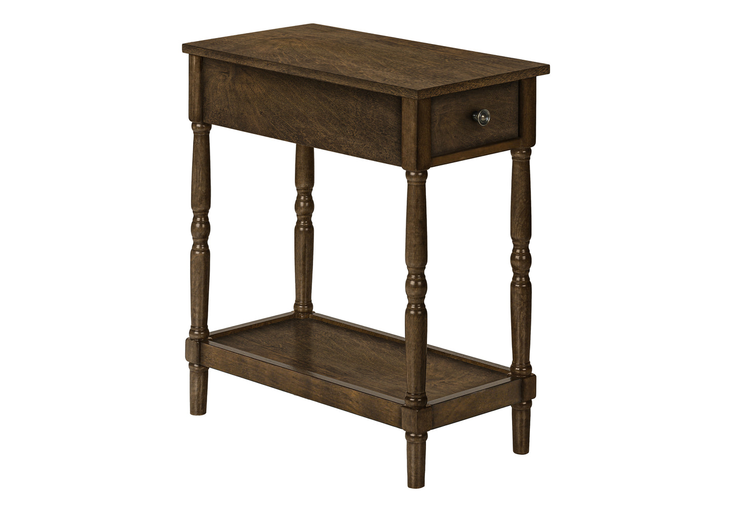 Dark wood accent table with a single drawer and lower shelf