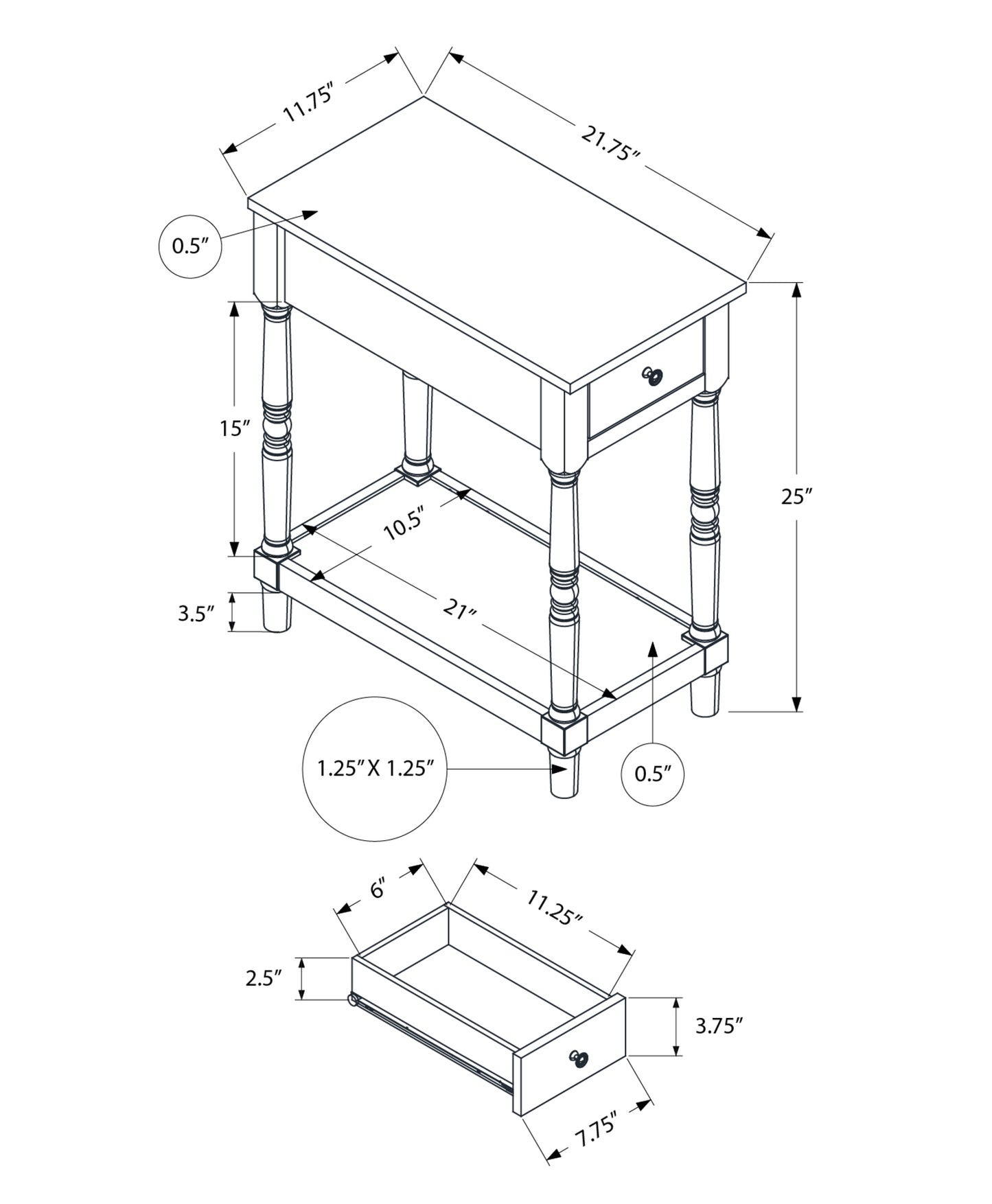 Diagram of a inch wide inch deep inch tall end table with one drawer