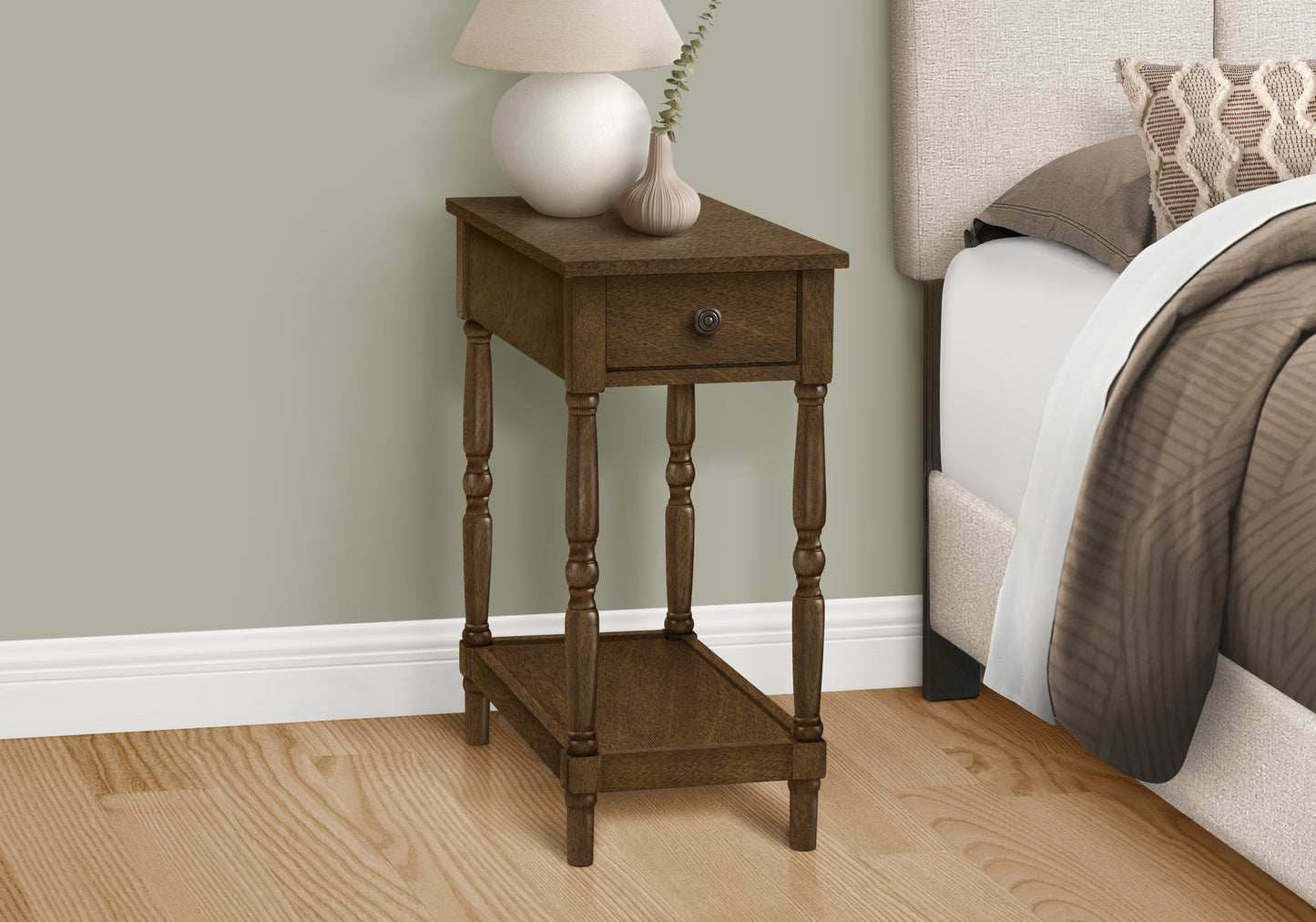 Classic wooden accent table with one drawer and lower shelf perfect for a bedside table