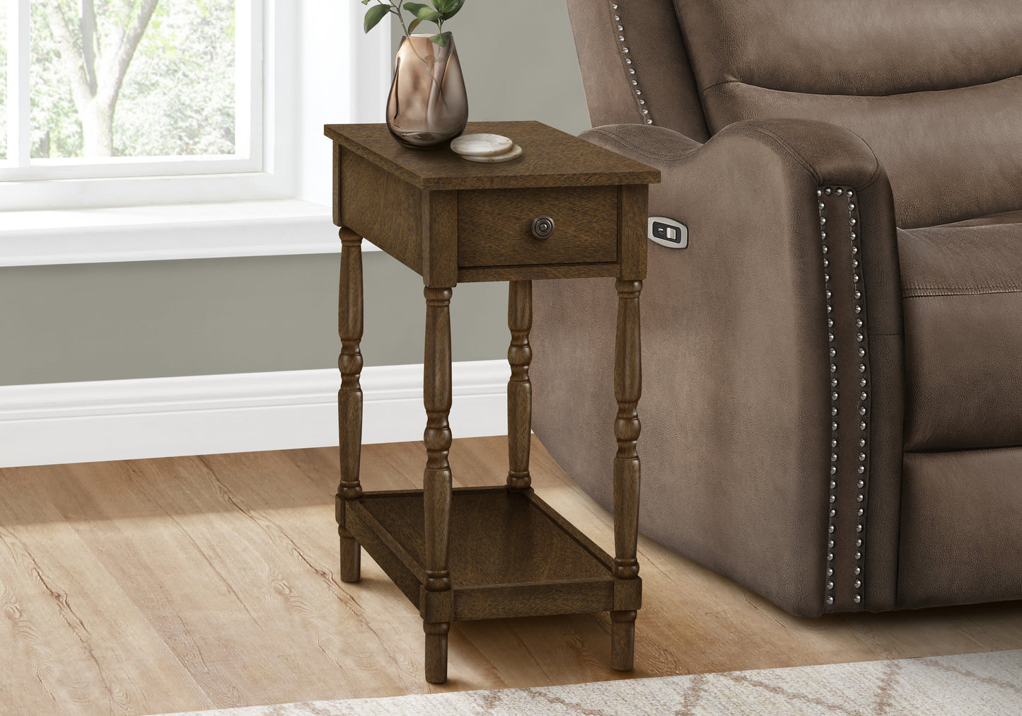 Dark wood accent table with one drawer and turned legs