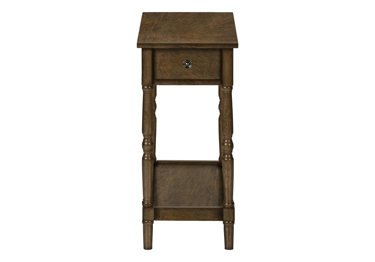 Dark wood accent table with one drawer and spindle legs