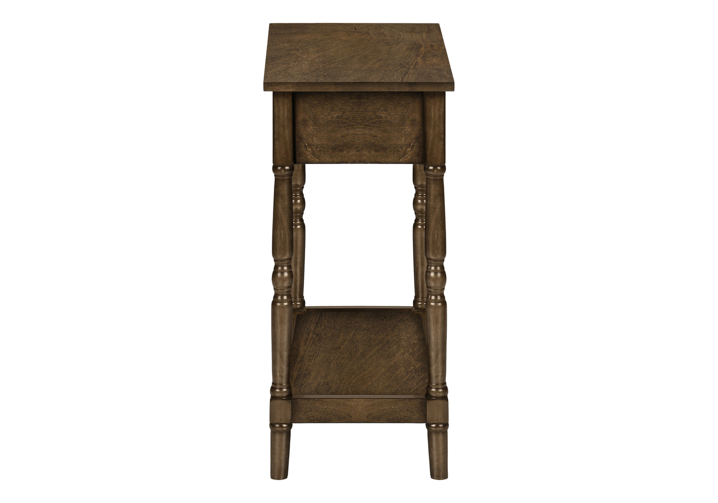 Dark wood accent table with one drawer and a lower shelf
