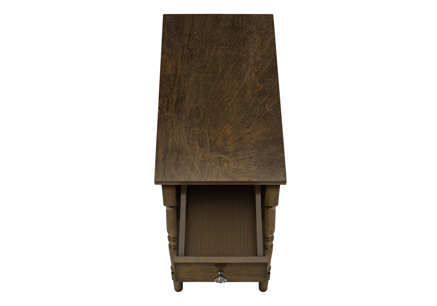 Dark brown wooden end table with one open drawer and silver knob