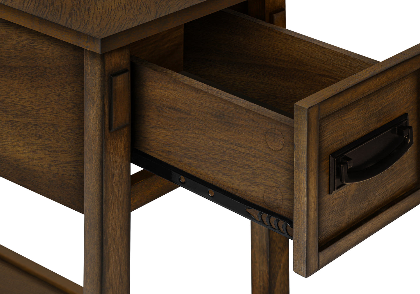 Wooden accent table with one open drawer revealing dark wood interior and black hardware