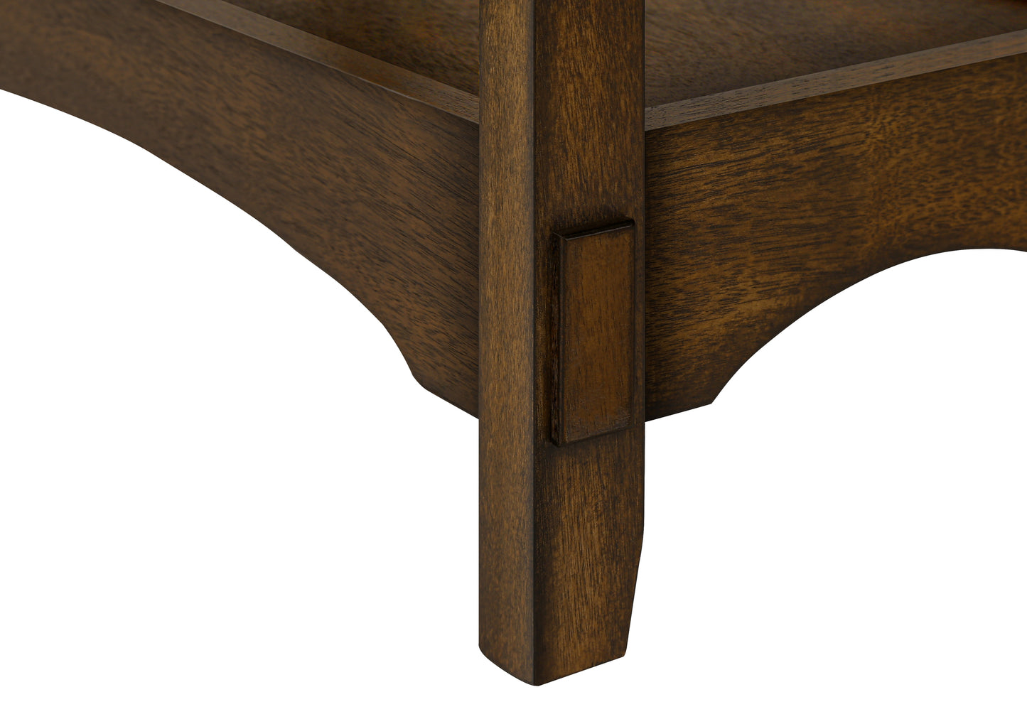 Detailed view of dark oak wood leg with inset detailing on a sturdy table frame