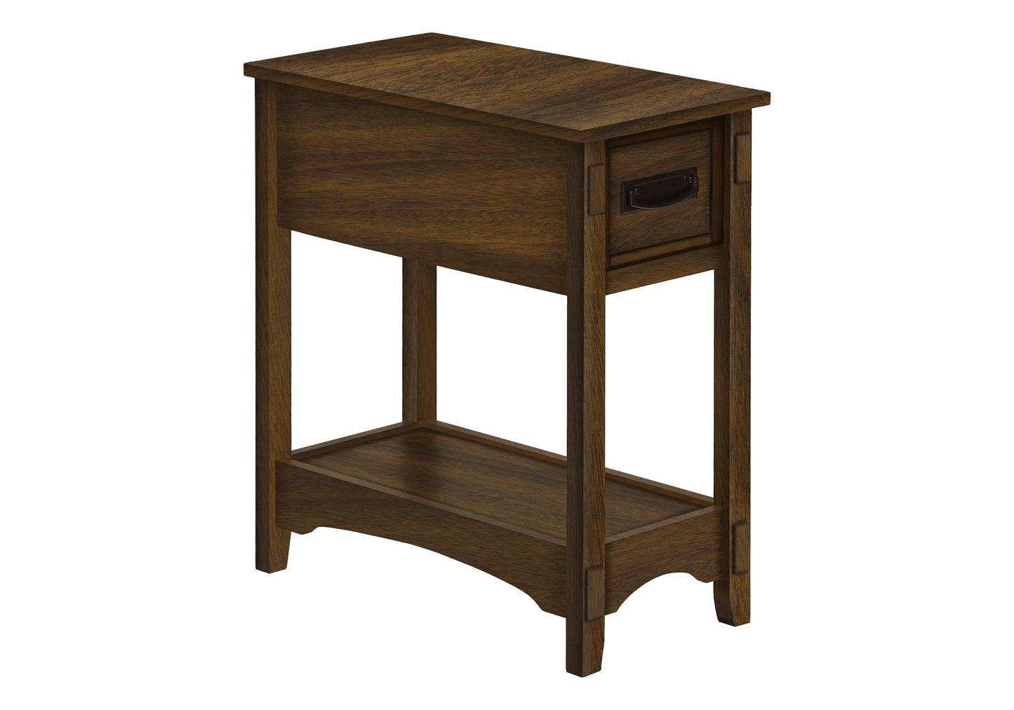 Dark oak wood accent table with a single drawer and bottom shelf