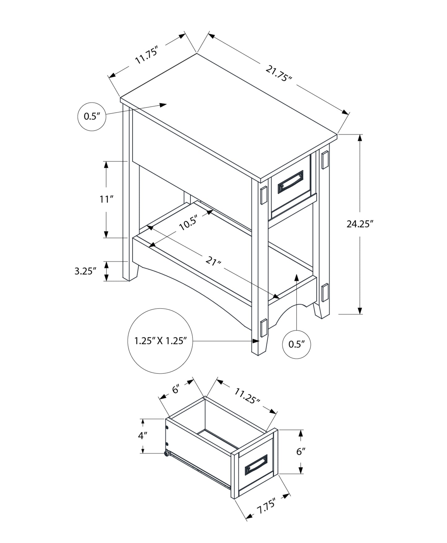 Technical drawing of a wooden end table with dimensions featuring one drawer and a shelf