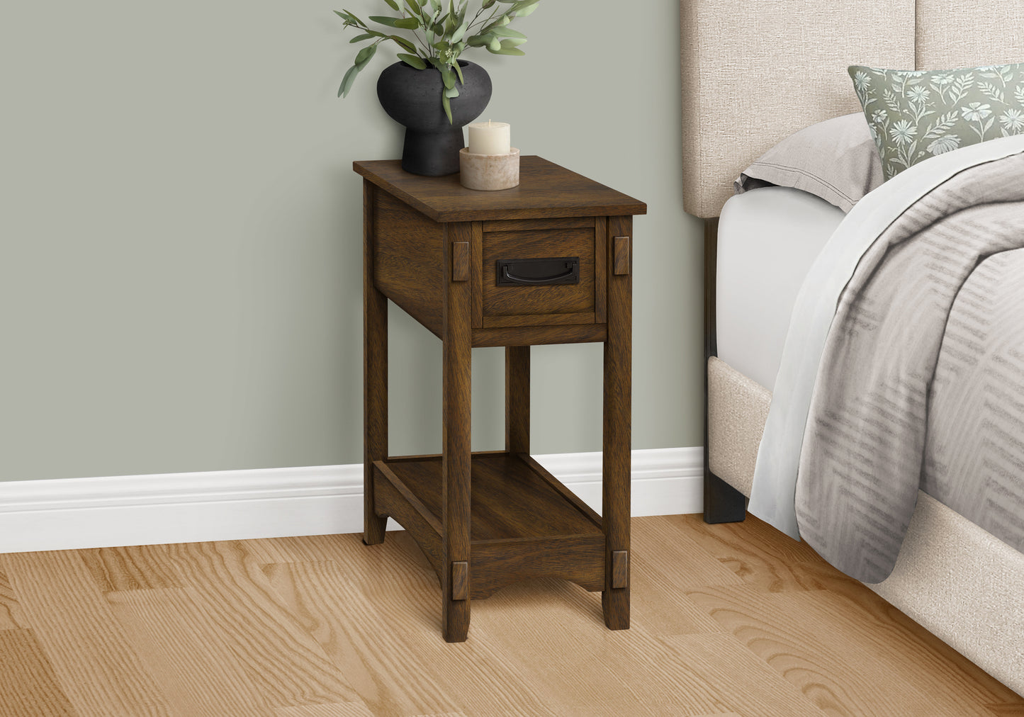 Dark brown wooden accent table with one drawer and a lower shelf