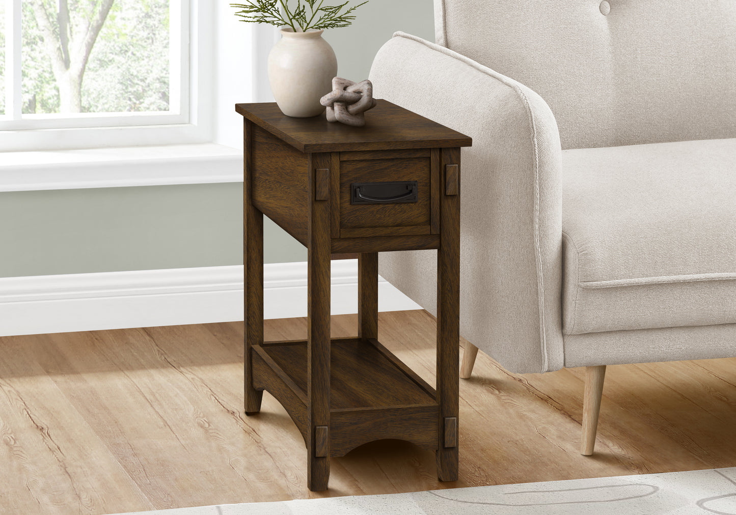 Dark oak narrow end table with drawer and lower shelf