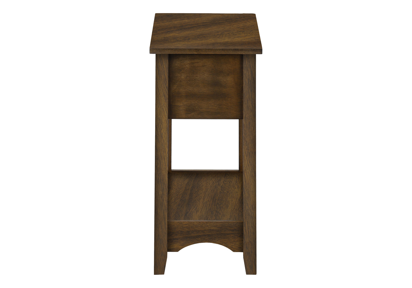 Dark wood entry table with open shelf and angled top