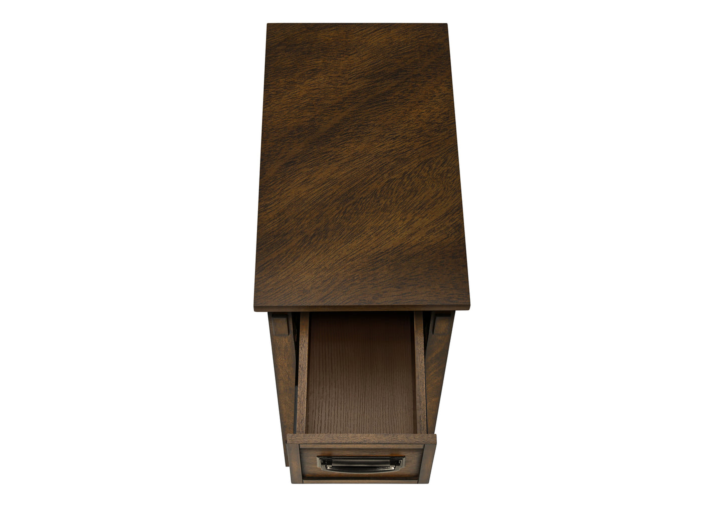 Dark brown wood bedside table with one open drawer and silver handle