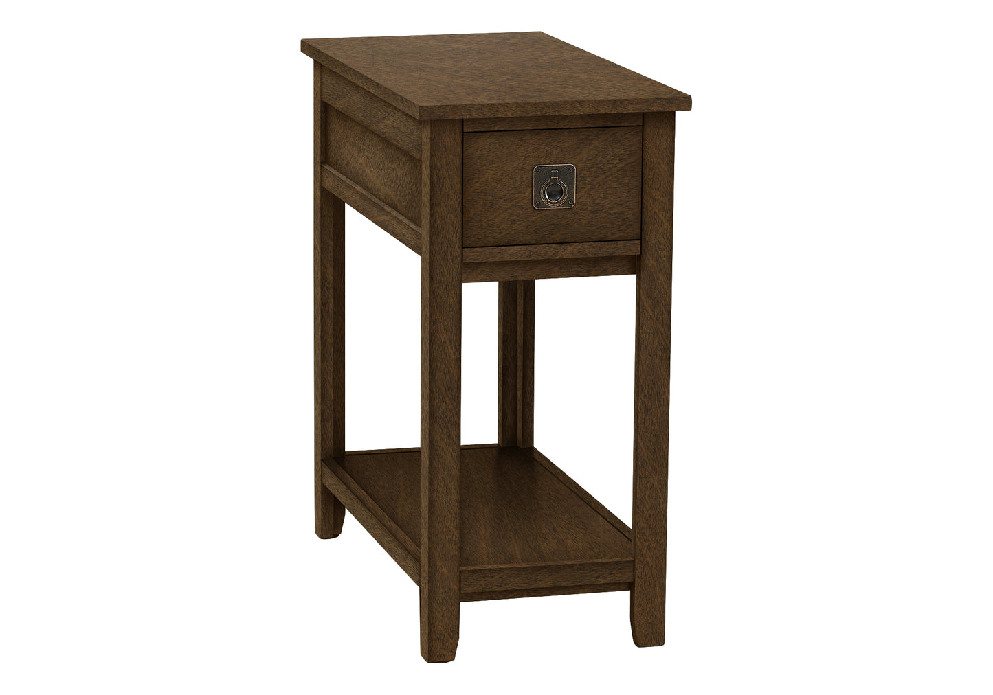 Dark wood narrow side table with a single drawer featuring a round metal pull