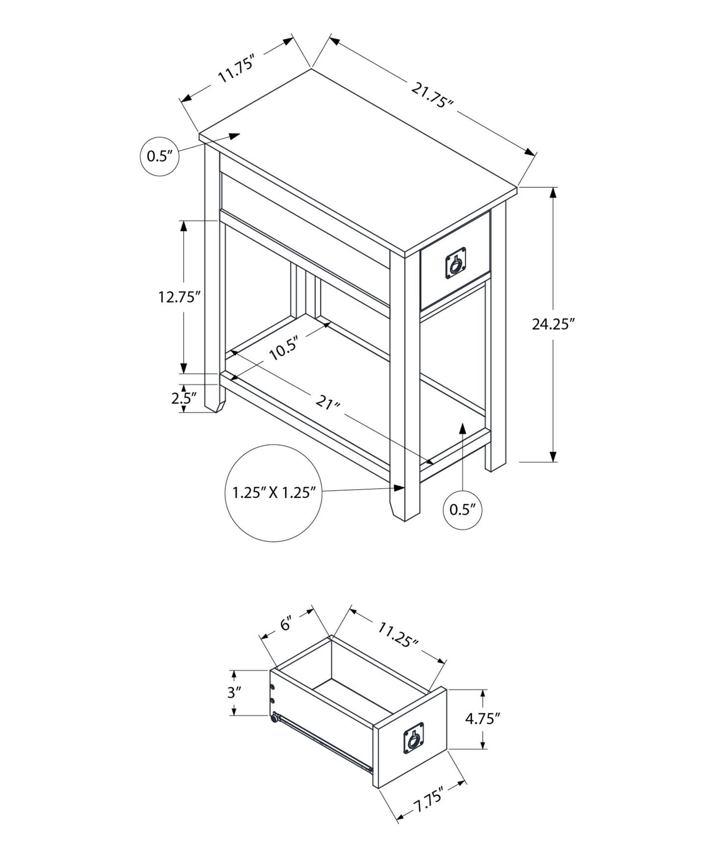 Diagram of an end table with dimensions W x D x H