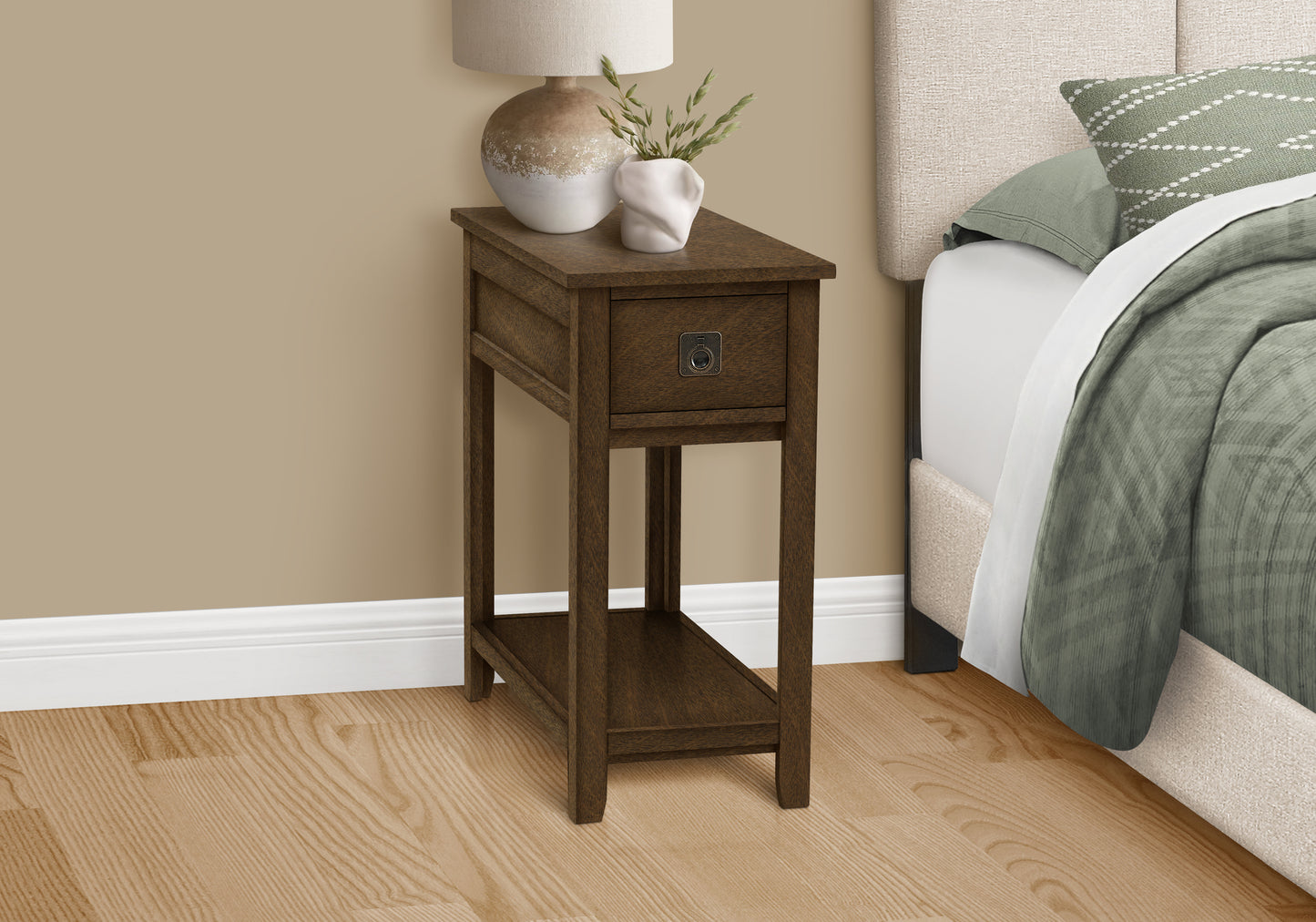 Dark brown wooden narrow end table with drawer and open shelf