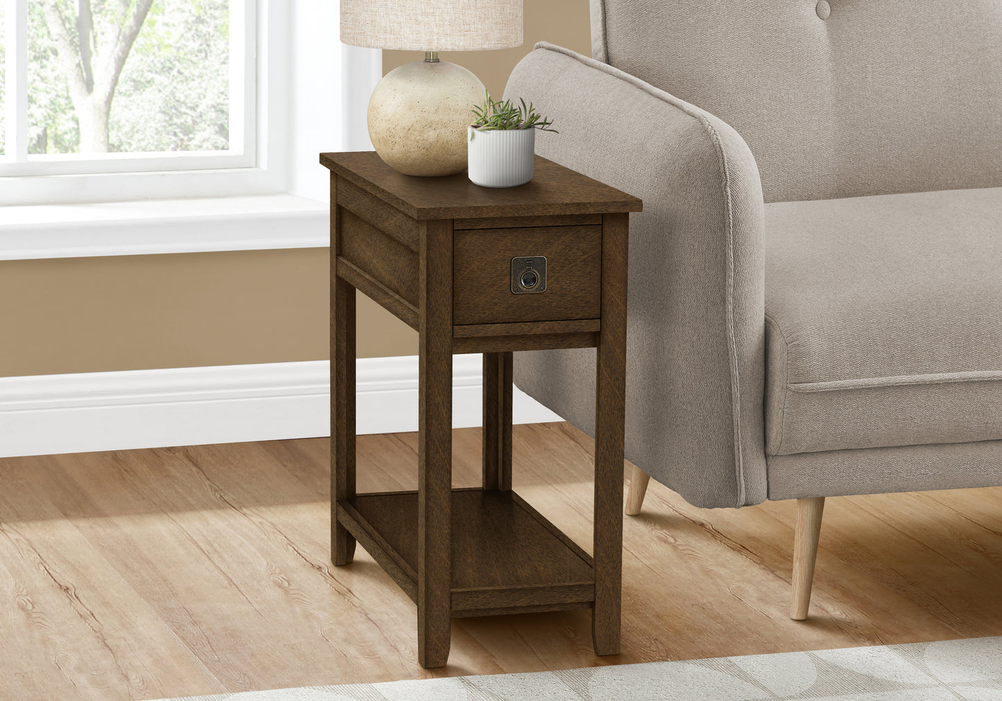 Dark brown wood end table with a single drawer and open shelf