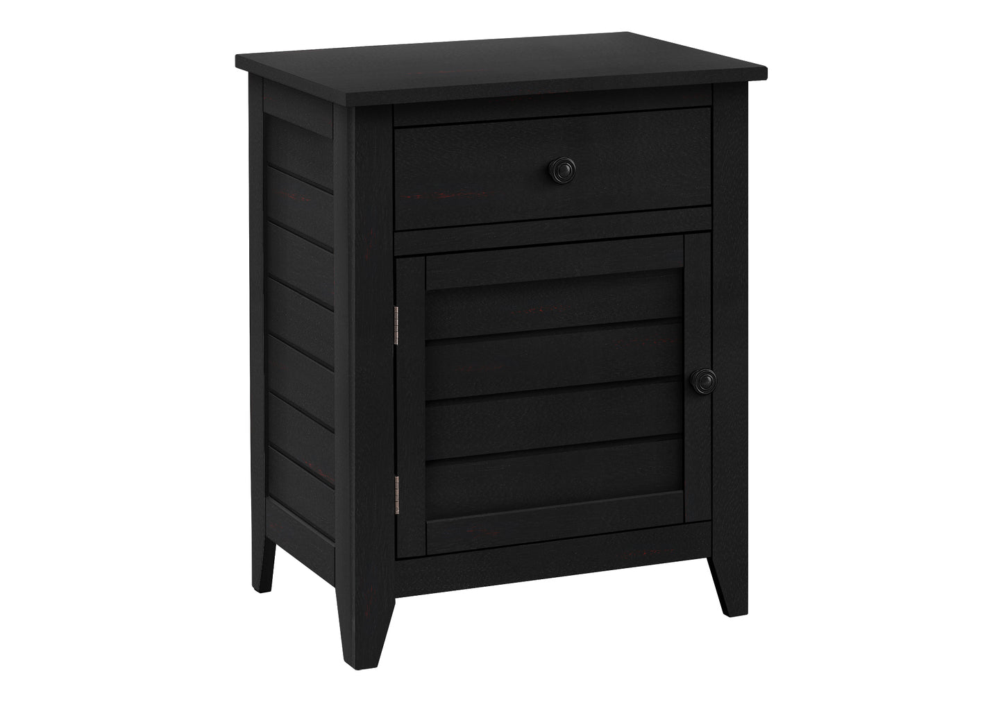 Black wooden nightstand with louvered door and drawer