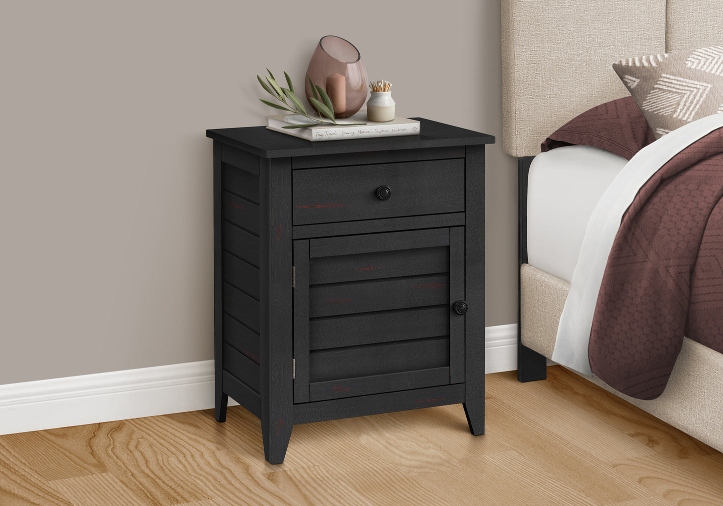 Rustic black wooden nightstand with louvered door and drawer