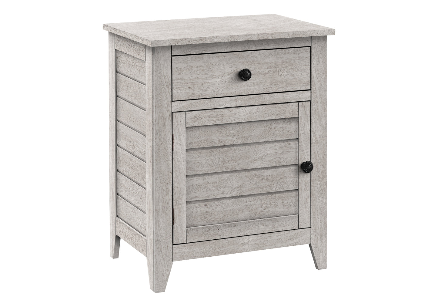 White slatted wood bedside table with one drawer and one cabinet door