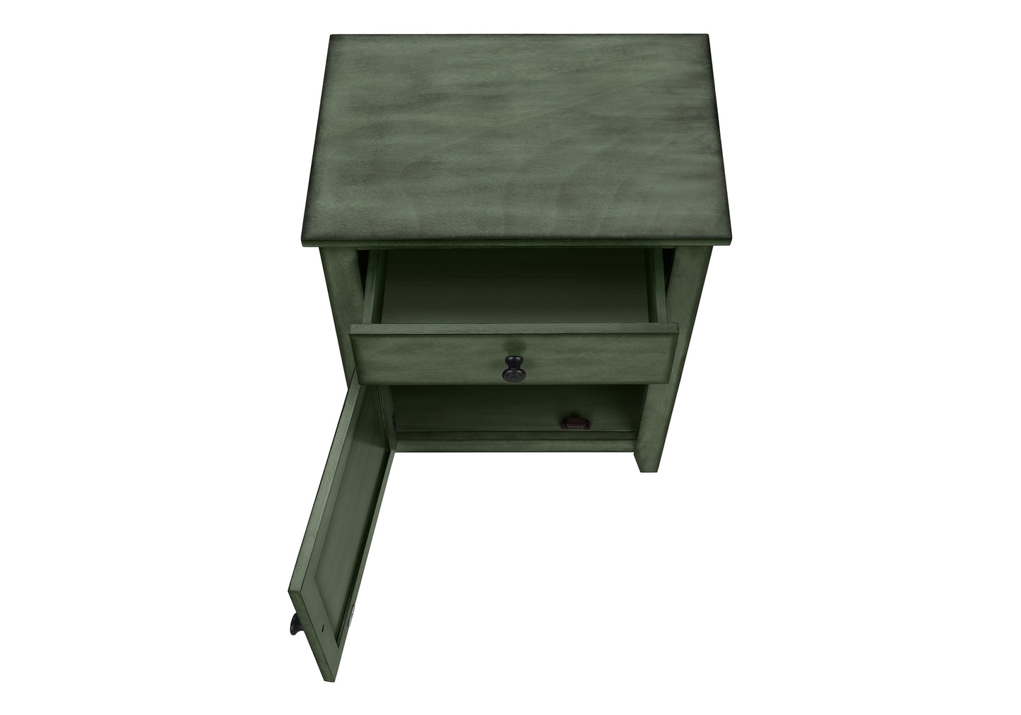 Dark green distressed wood nightstand with open drawer and cabinet door