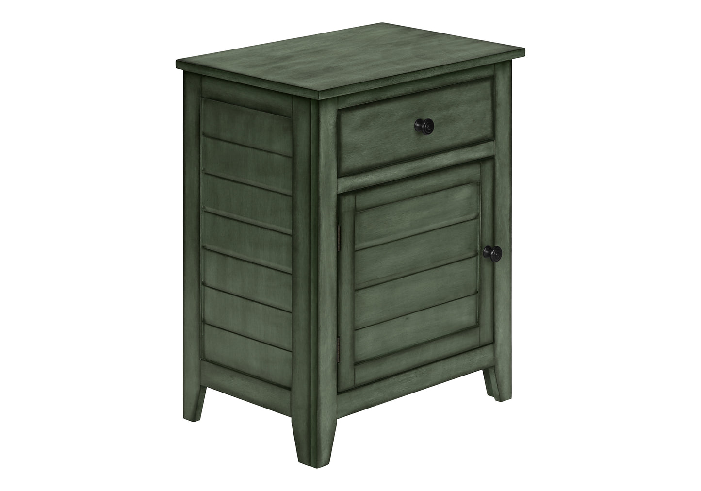 Green wooden nightstand with one drawer and a cabinet door featuring slatted details and black knobs