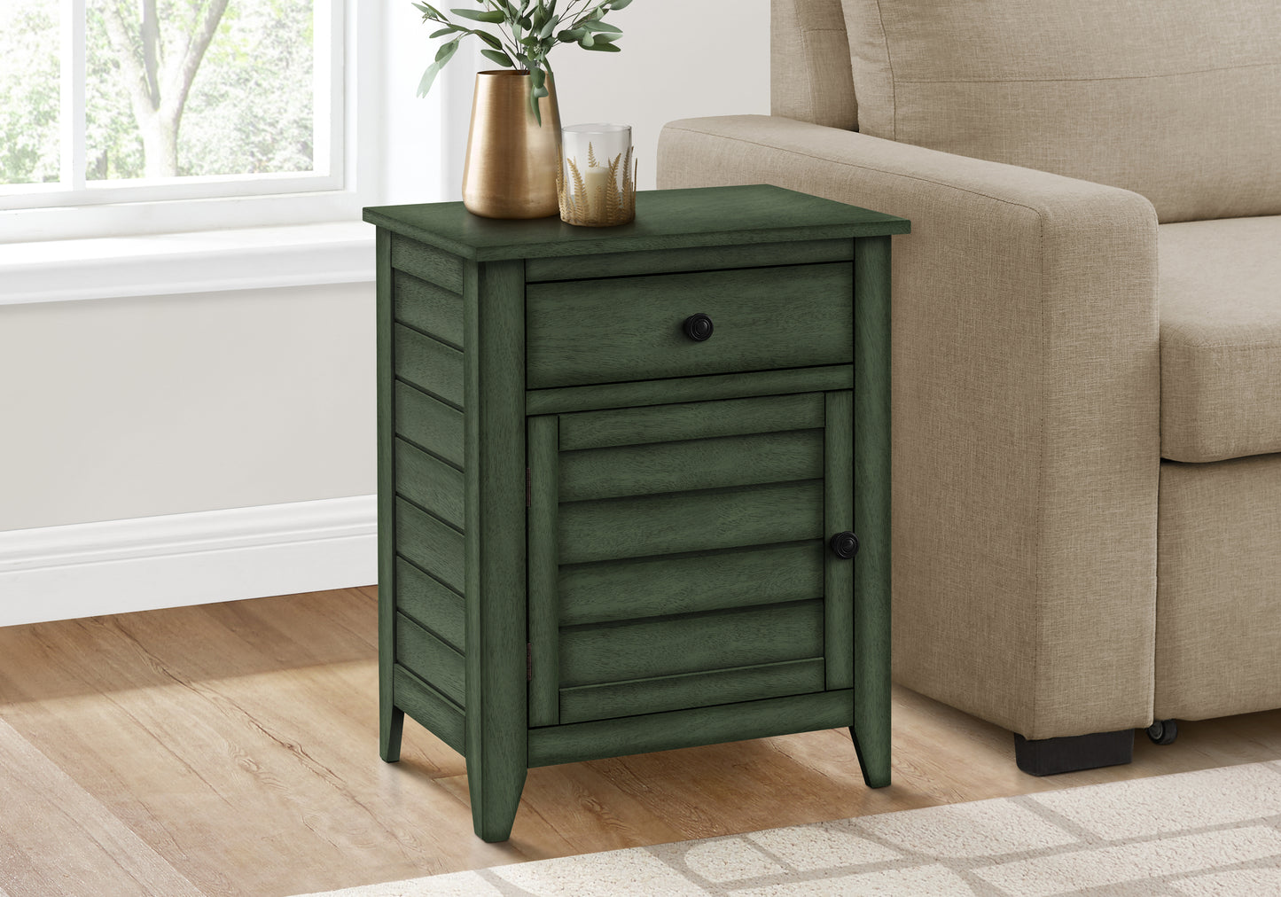 Dark green wooden nightstand with one drawer and louvered cabinet door