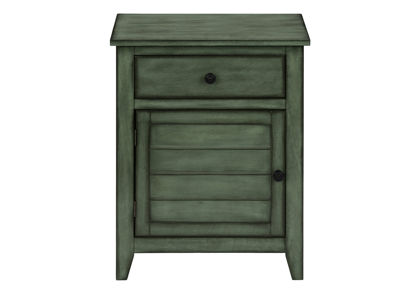 Distressed green wood bedside table with one drawer and cabinet door