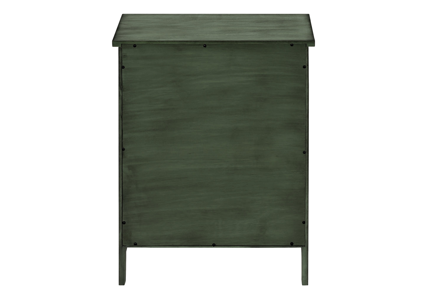 Dark green wooden cabinet with visible grain and screw details characters