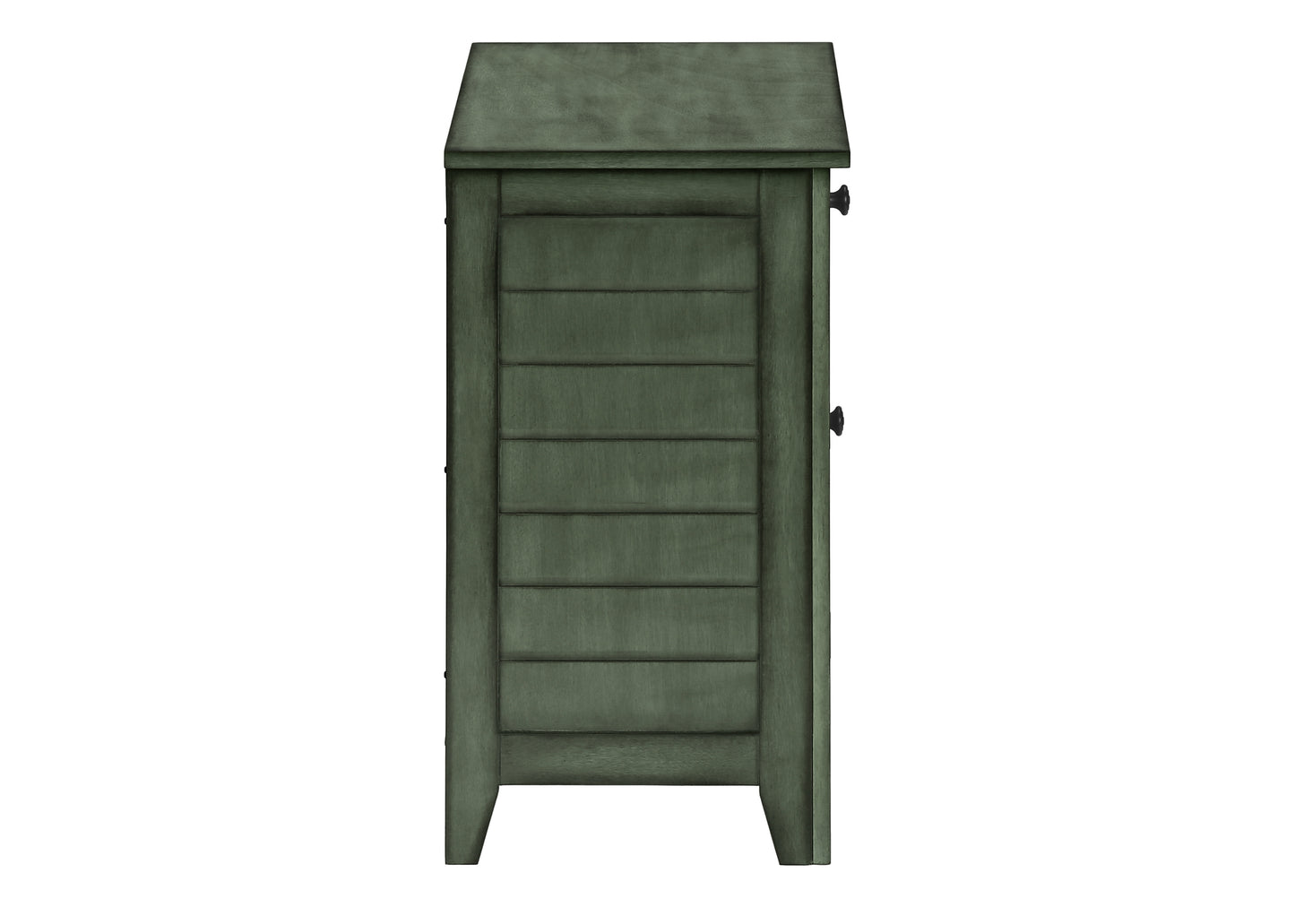 Dark green louvered bedside cabinet with dark metal knobs on white background