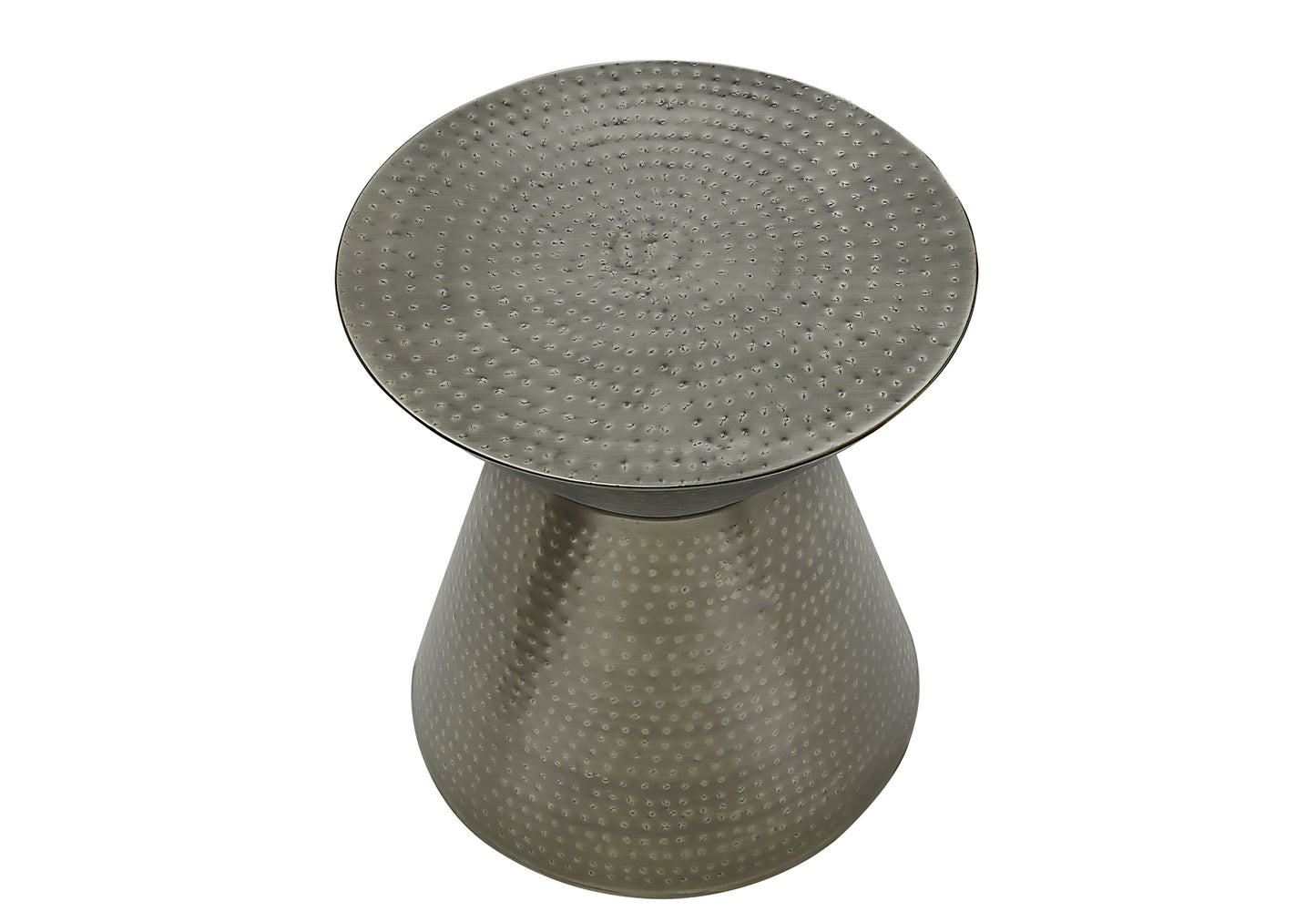 Hammered silver metallic side table with textured top and tapered base