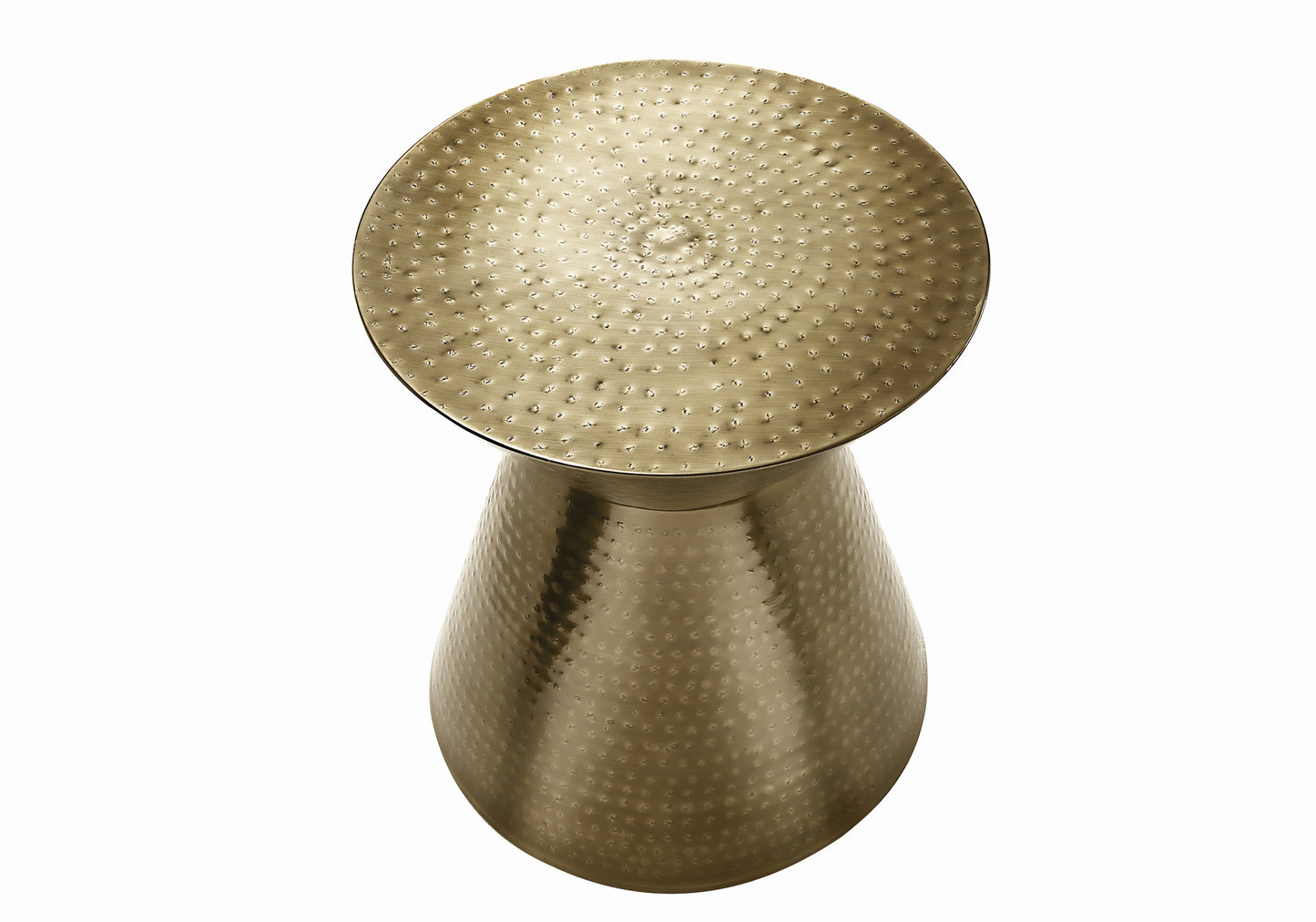 Hammered brass side table with textured surface and tapered base
