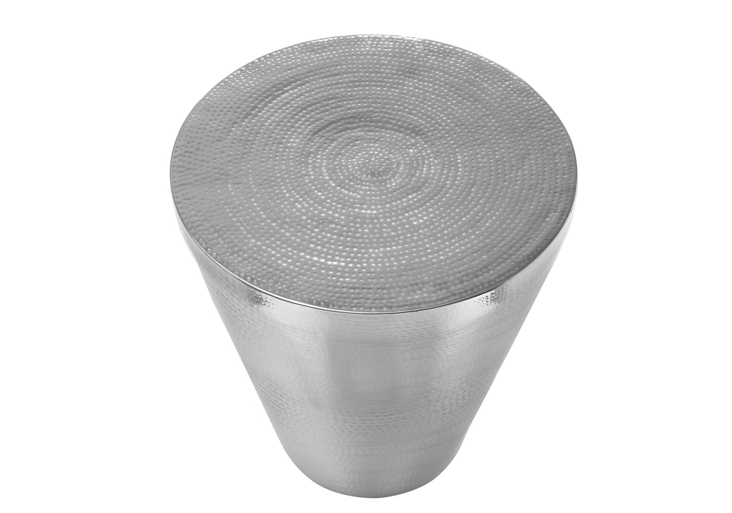 Silver hammered metal side table with a circular textured top