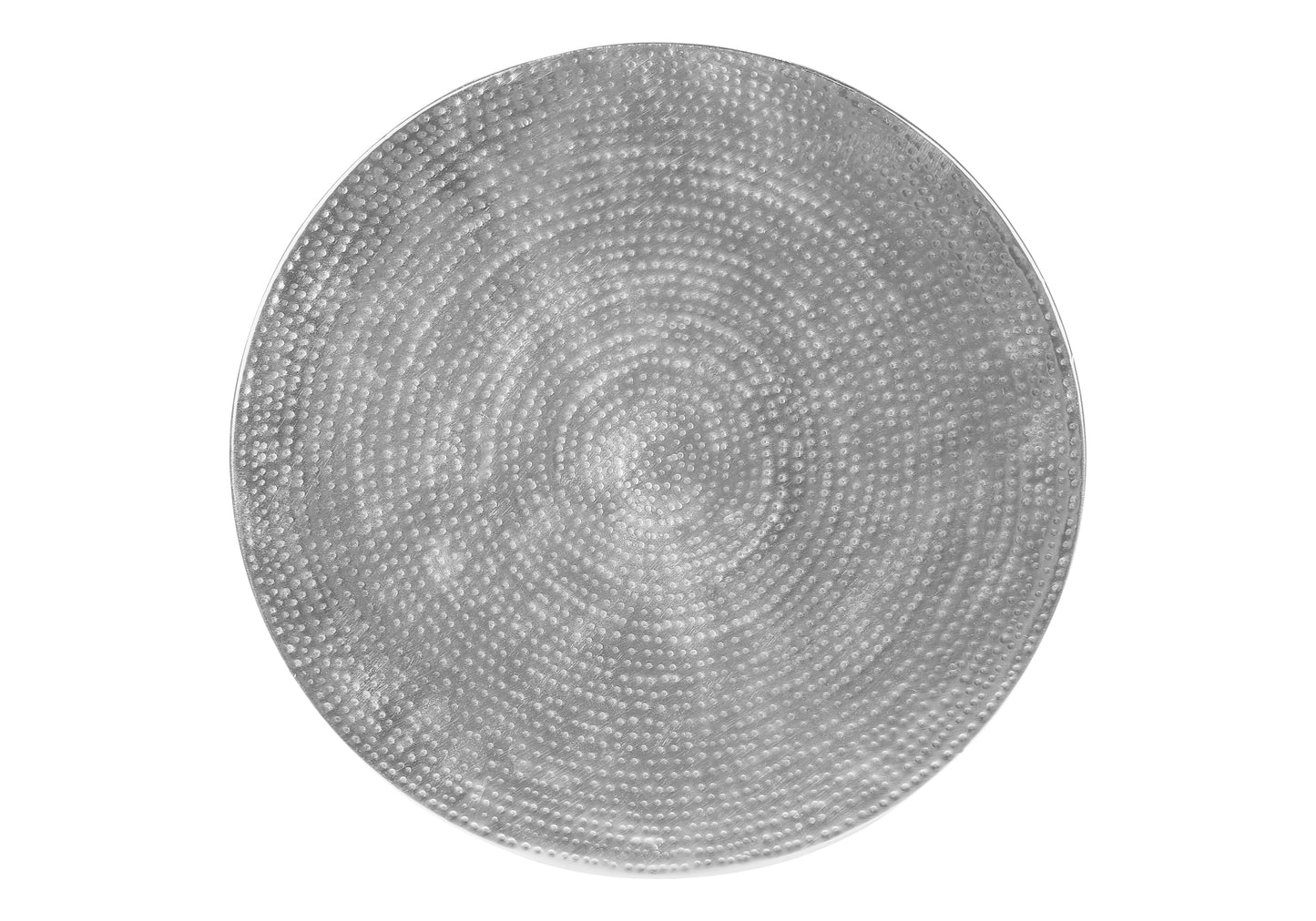 Silver hammered metal charger plate with textured concentric circles