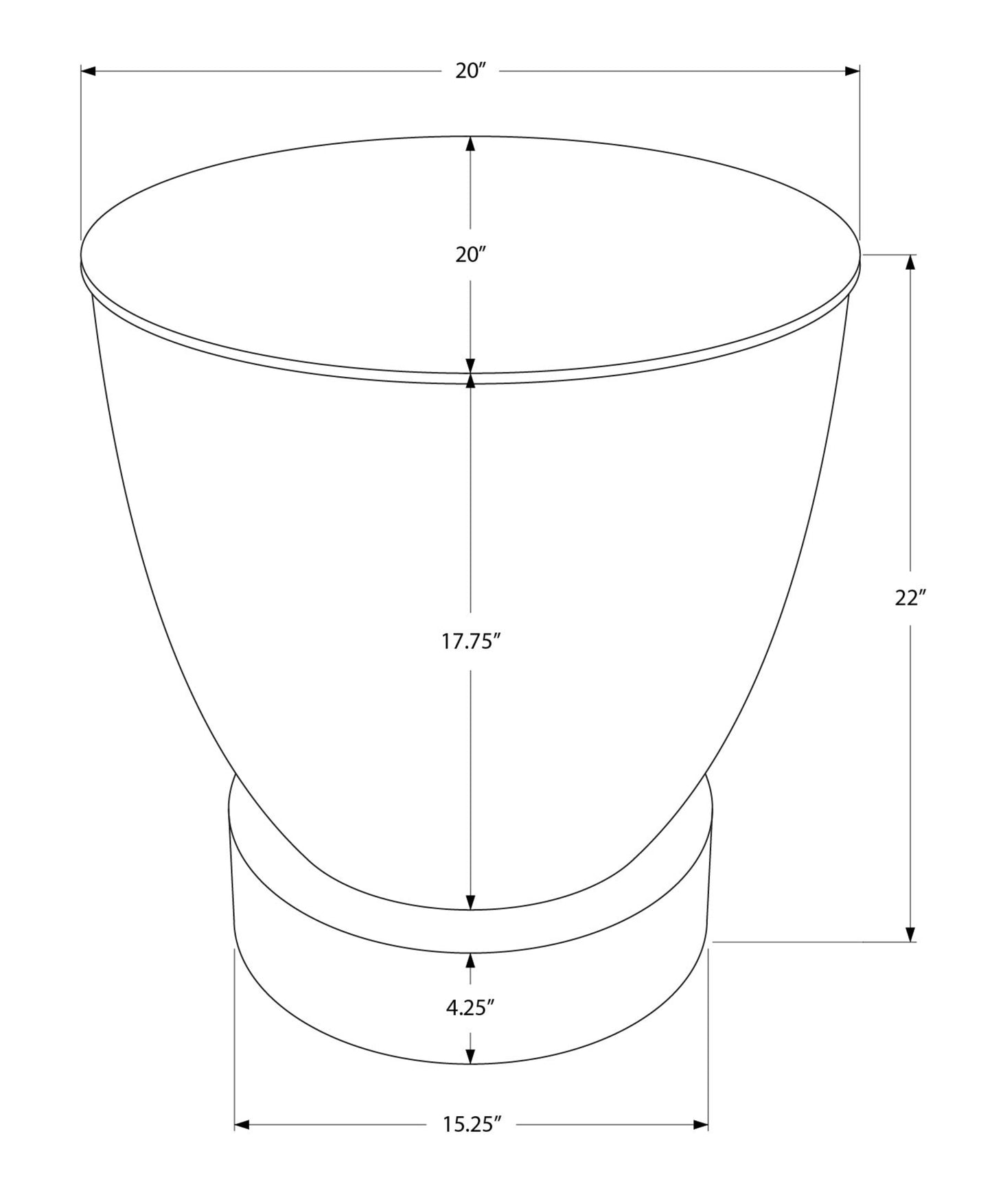 Diagram of a white bellshaped urn planter inches wide at top inches tall