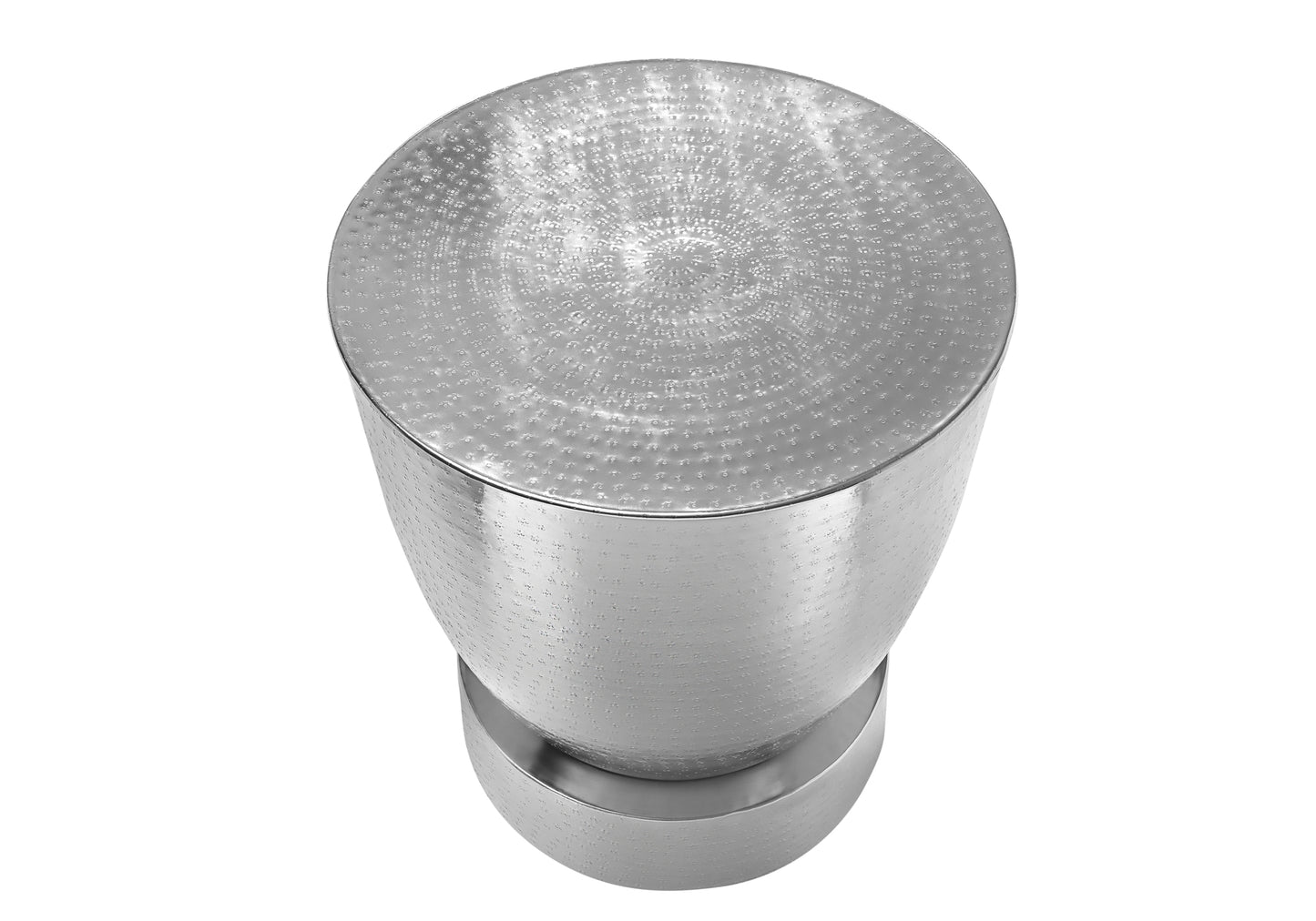 Textured silver drum accent table with circular hammered pattern modern side table