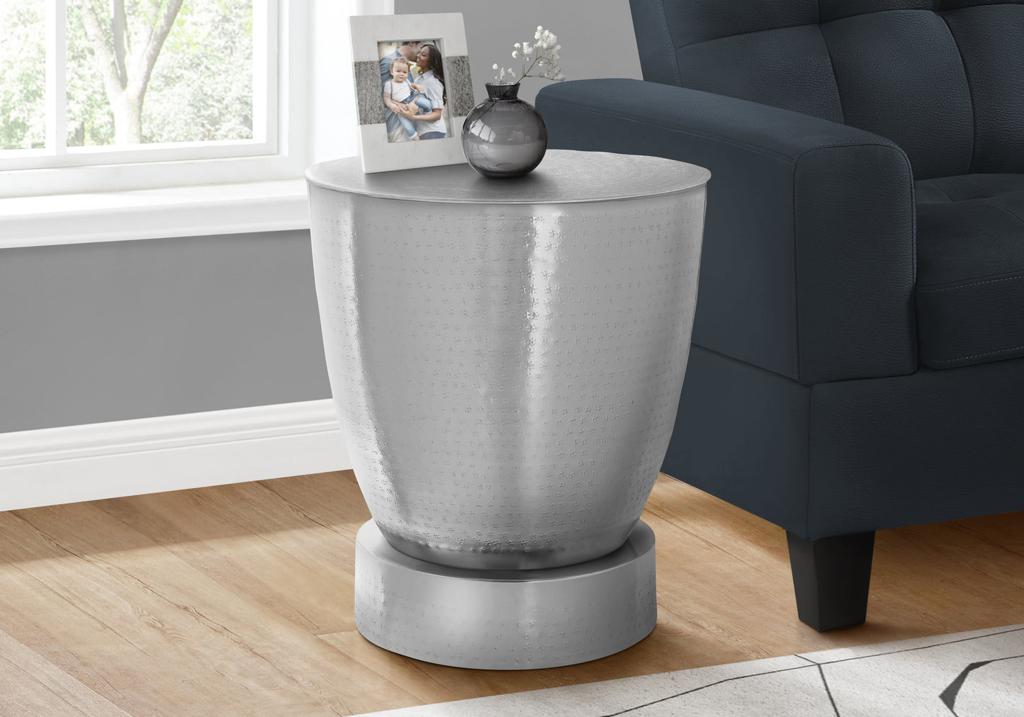 Pewter textured drum accent table with a round base perfect for living rooms