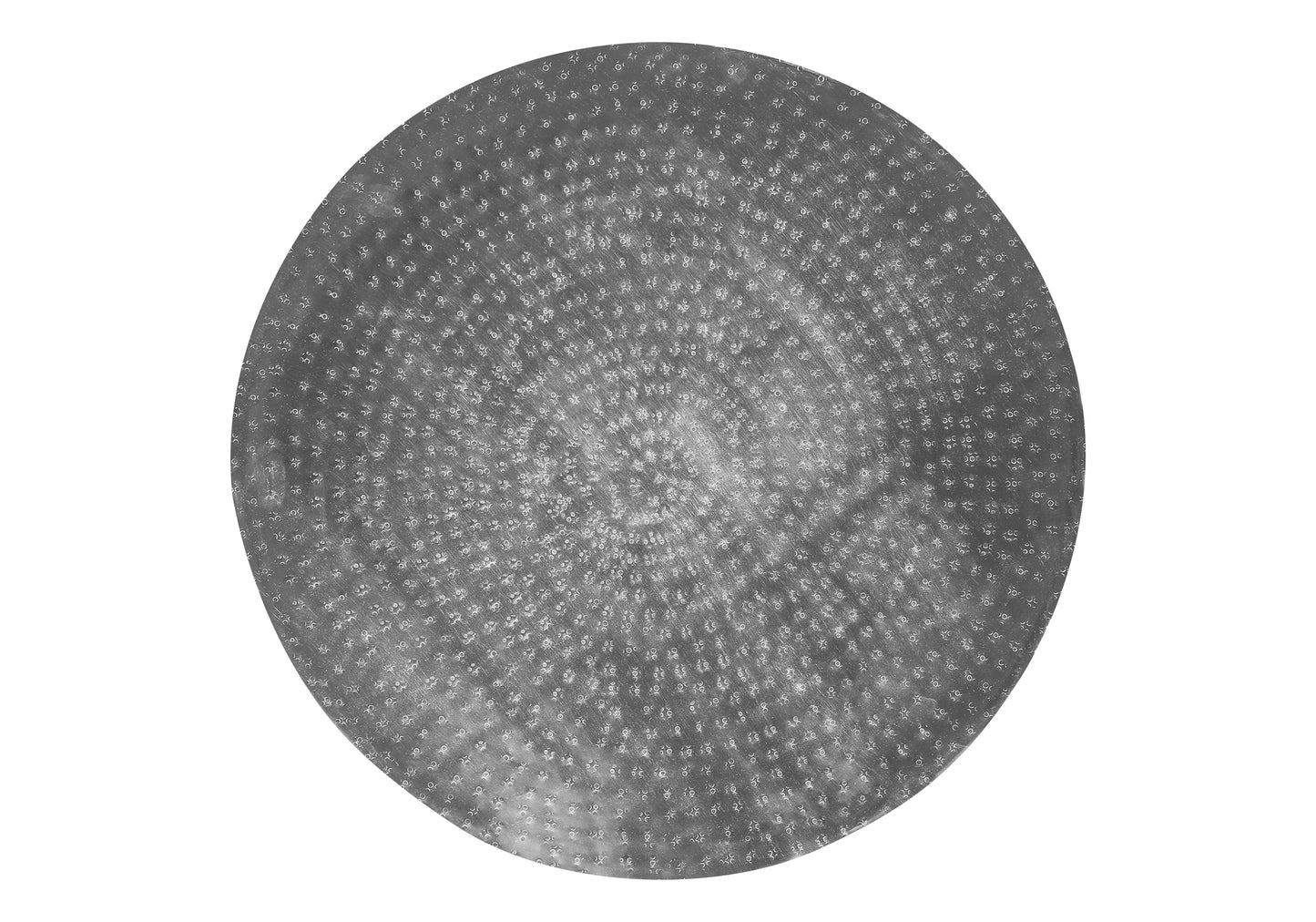 Textured silver circular placemat with a radial pattern of small starbursts